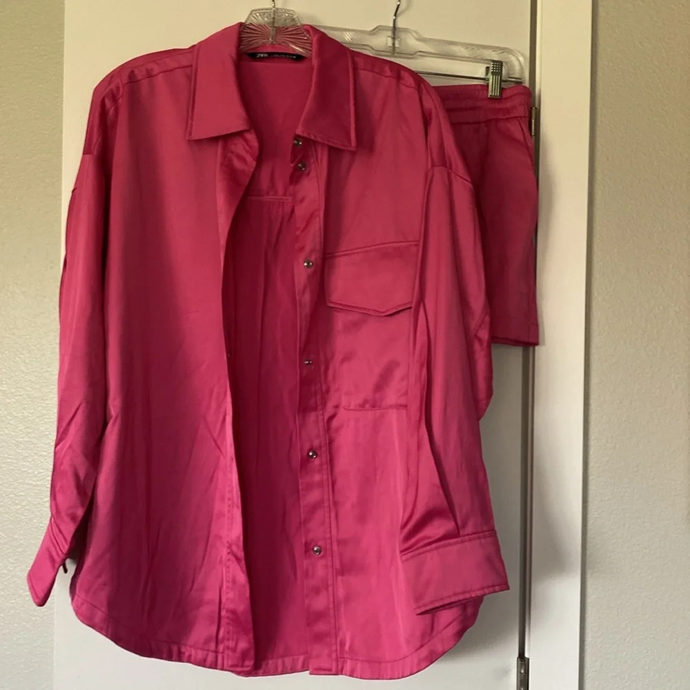 COPY SET Zara Pink Satin Oversized Shirt Jacket Shorts M 6/8 Bloggers Mango NWOT